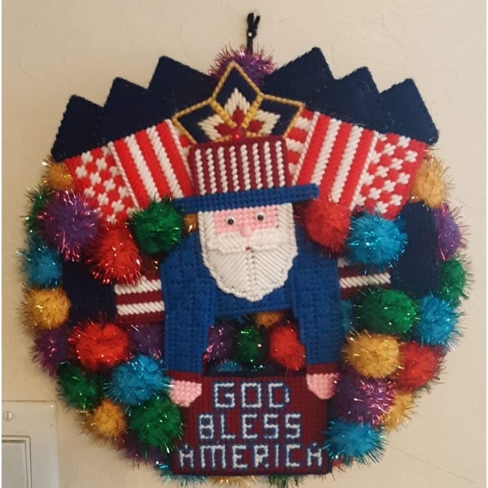 Vintage Multicolor Uncle Sam Canvas Yarn Pom Pom God Bless America Wreath